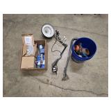 Box of misc plumbing / shower items, adjustable lamp (works), distribution hitch and a bucket of steel fittings