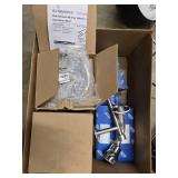Box of misc plumbing / shower items, adjustable lamp (works), distribution hitch and a bucket of steel fittings
