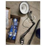 Box of misc plumbing / shower items, adjustable lamp (works), distribution hitch and a bucket of steel fittings