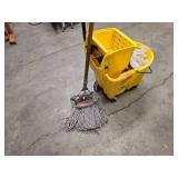Rubbermaid Commercial mop bucket and wringer combo on wheels (missing 1 wheel), 1 mop and 1 replacement mop head