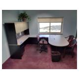 U-Shaped Desk with Hutch, 2 side chairs, 1 office chair and floor protector.