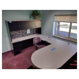 U-Shaped Desk with Hutch, 2 side chairs, 1 office chair and floor protector.