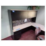 U-Shaped Desk with Hutch, 2 side chairs, 1 office chair and floor protector.