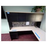 U-Shaped Desk with Hutch, 2 side chairs, 1 office chair and floor protector.