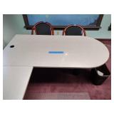 U-Shaped Desk with Hutch, 2 side chairs, 1 office chair and floor protector.