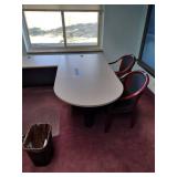 U-Shaped Desk with Hutch, 2 side chairs, 1 office chair and floor protector.