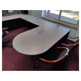U-Shaped Desk with Hutch, 2 side chairs, 1 office chair and floor protector.
