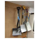 Snow Shovels, Snow Pusher, General Purpose Scoop Shovel, Square Shovel, and ice chipper