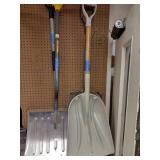 Snow Shovels, Snow Pusher, General Purpose Scoop Shovel, Square Shovel, and ice chipper
