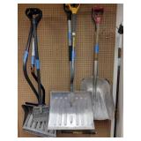 Snow Shovels, Snow Pusher, General Purpose Scoop Shovel, Square Shovel, and ice chipper