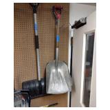 Snow Shovels, Snow Pusher, General Purpose Scoop Shovel, Square Shovel, and ice chipper