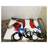 3 corded power tools: Milwaukee Magnum Hammer Drill, Milwaukee Reversing Drill, MHT 750 Heat Gun