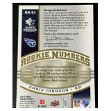 Chris Johnson RC Patch /75 2008 SP Rookie Threads #RN-CJ Rookie Numbers, numbered 13/75 Football Card