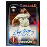 Kody Funderburk RC Refractor On Card Auto /499 2024 Topps Chrome #RA-KF, numbered 59/499, Minnesota Twins Baseball Card