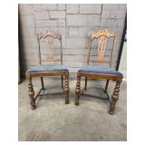 Set of 2 Vintage Wooden Chairs with Blue Upholstered Seats