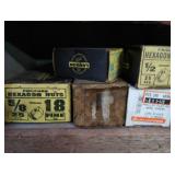 VINTAGE GARAGE SHELF FILLED WITH VINTAGE BOXES OF GOODIES