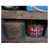 VINTAGE GARAGE SHELF FILLED WITH VINTAGE BOXES OF GOODIES