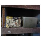 VINTAGE GARAGE SHELF FILLED WITH VINTAGE BOXES OF GOODIES