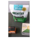 Pet Supplies Lot: Minties Dental Treats, Bark Control Device, and Pet Bath Brush Set