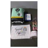 Lot of Personal Care Products including Loofah Soap and Maxithins Pads