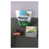 Pet Supplies Lot: Minties Dental Treats, Bark Control Device, and Pet Bath Brush Set