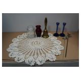 Assorted Home Décor -Ruby Glass Vase, Cobalt Candlesticks, Brass Bell