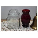 Assorted Home Décor -Ruby Glass Vase, Cobalt Candlesticks, Brass Bell