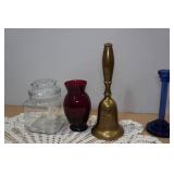Assorted Home Décor -Ruby Glass Vase, Cobalt Candlesticks, Brass Bell