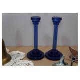 Assorted Home Décor -Ruby Glass Vase, Cobalt Candlesticks, Brass Bell