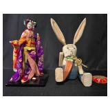 Vintage Japanese Doll with Stand and Wooden Bunny Figurine