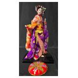 Vintage Japanese Doll with Stand and Wooden Bunny Figurine