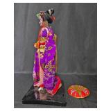 Vintage Japanese Doll with Stand and Wooden Bunny Figurine