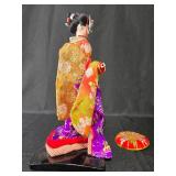 Vintage Japanese Doll with Stand and Wooden Bunny Figurine