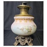 B&H Vintage Oil Lamp with Floral Design and Metal Base