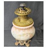 B&H Vintage Oil Lamp with Floral Design and Metal Base