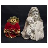 Mikasa Fine Porcelain Madonna with Child and Plush Teddy Bear Figurine Set