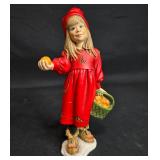 Handcrafted Figurine of Girl in Red Dress with Basket of Oranges