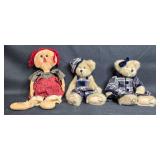 Vintage Collection of 3 Soft Dolls and Teddy Bears