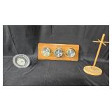 Collection of Vintage Clocks: Crystal Clock, Barometer, and Wooden Stand untested