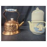 Vintage Copper Tea Kettle with Decorative Handle and Porcelain Coffee Set