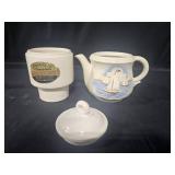 Vintage Copper Tea Kettle with Decorative Handle and Porcelain Coffee Set