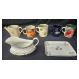 Collection of 6 Decorative Mugs and Serving Platter
