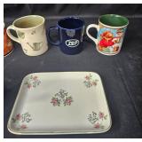 Collection of 6 Decorative Mugs and Serving Platter