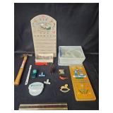 Collection of Vintage Household Items including Wooden Plaque and Hammer