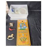 Collection of Vintage Household Items including Wooden Plaque and Hammer