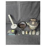 Kitchen Essentials Lot: Calphalon Frying Pan, Vintage Tea Kettle, and Spice Containers