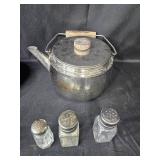 Kitchen Essentials Lot: Calphalon Frying Pan, Vintage Tea Kettle, and Spice Containers
