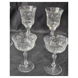 Set of Vintage Etched Glass Stemware Glasses
