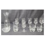 Etched Glasses with Carafe and Bowl