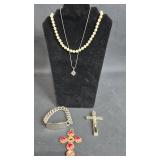 Vintage Jewelry Lot Including Pearl Necklace, Cross Pendant, and Silver Bracelet